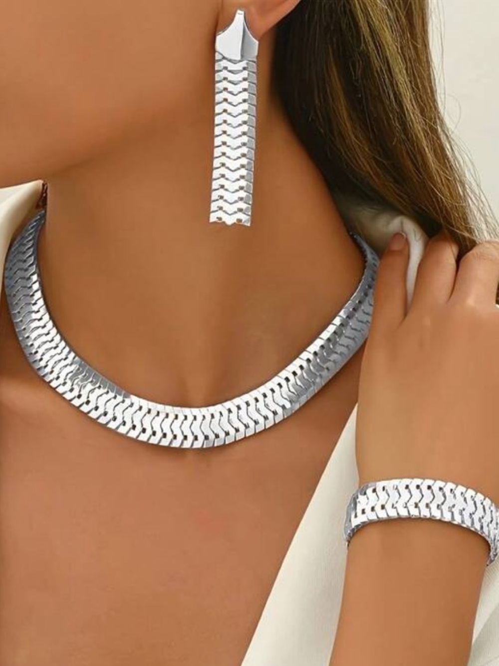 Stainless Steel Chunky Herringbone Set Gold & Silver Necklace Bracelet Earrings